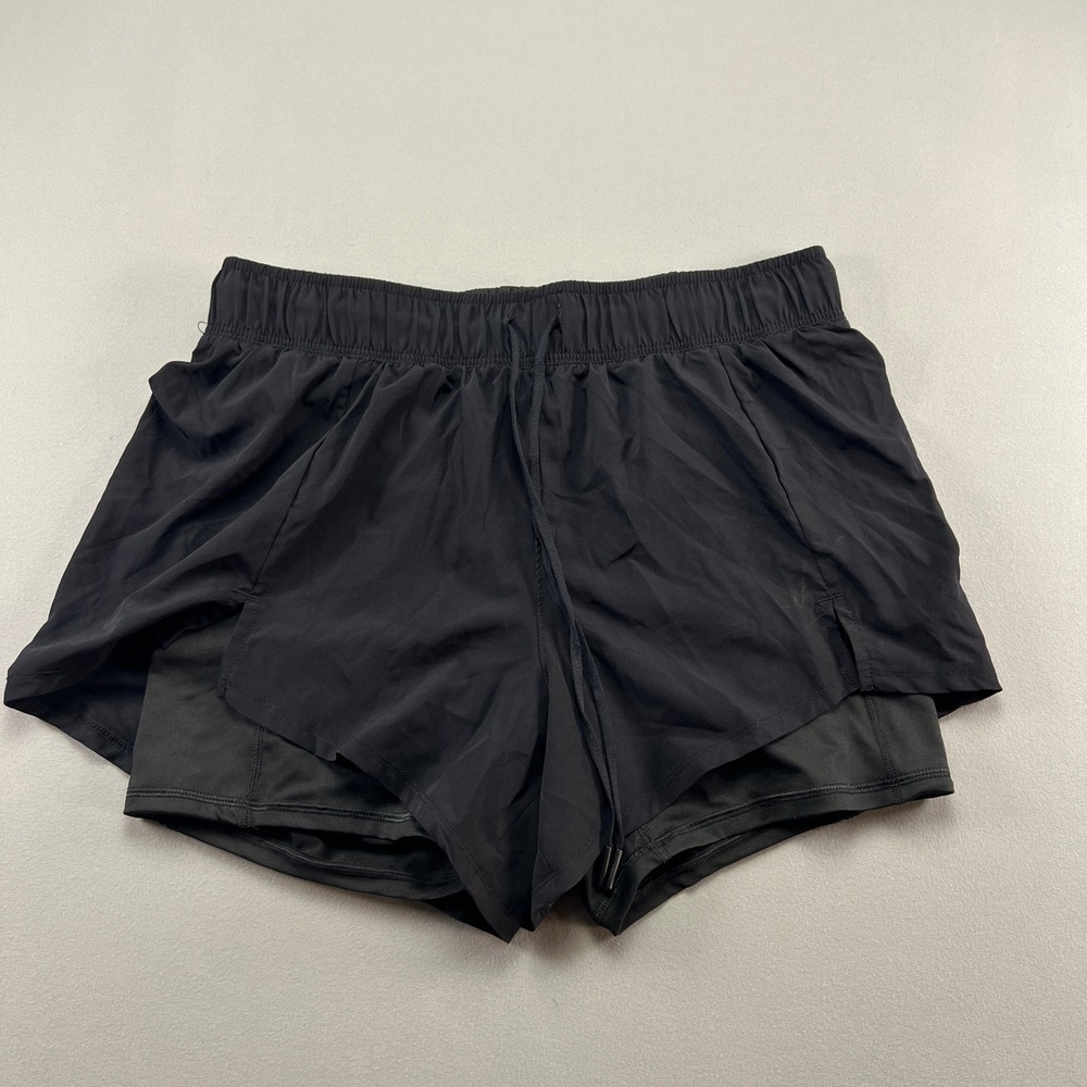 Avia Athletic Shorts Women Large (12-14) Black Stretch Built In Brief Drawstring
